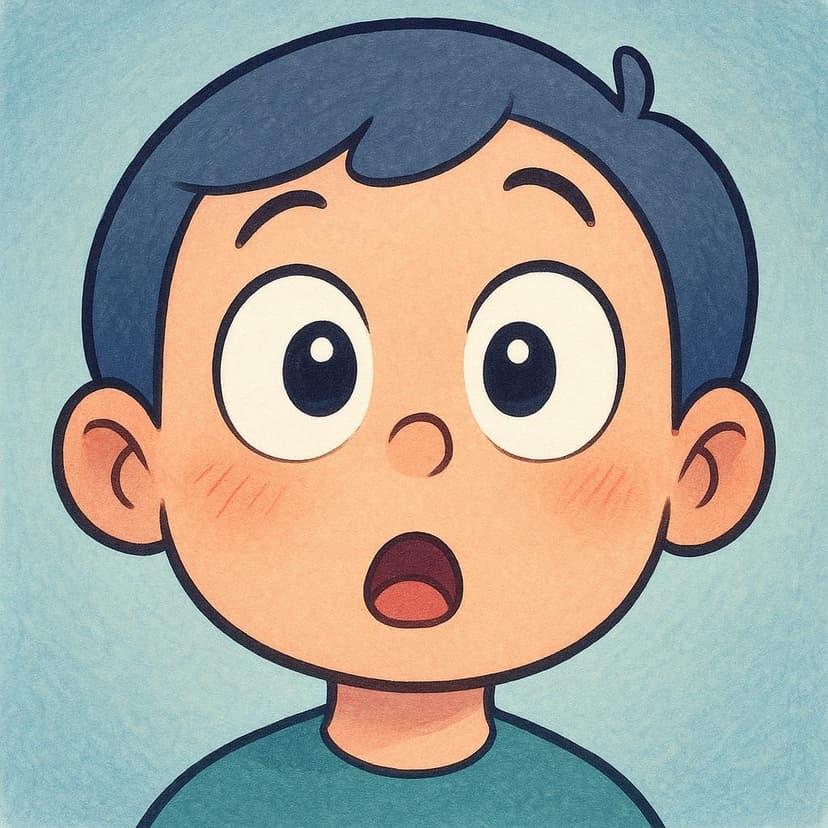 Una semplice illustrazione in stile libro di fiabe del viso di un personaggio con occhi sbarrati ed espressione 'Aha!', che mostra sorpresa improvvisa e realizzazione dopo aver scoperto qualcosa.