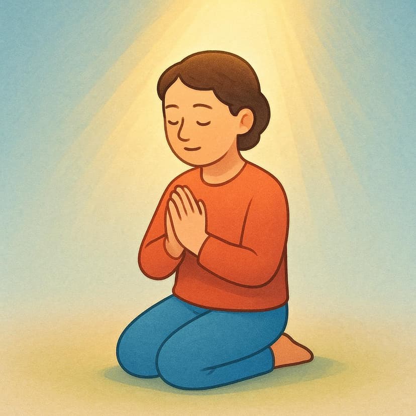 A young person kneeling peacefully with hands pressed together in a gesture of prayer, looking up towards a bright, ethereal light.