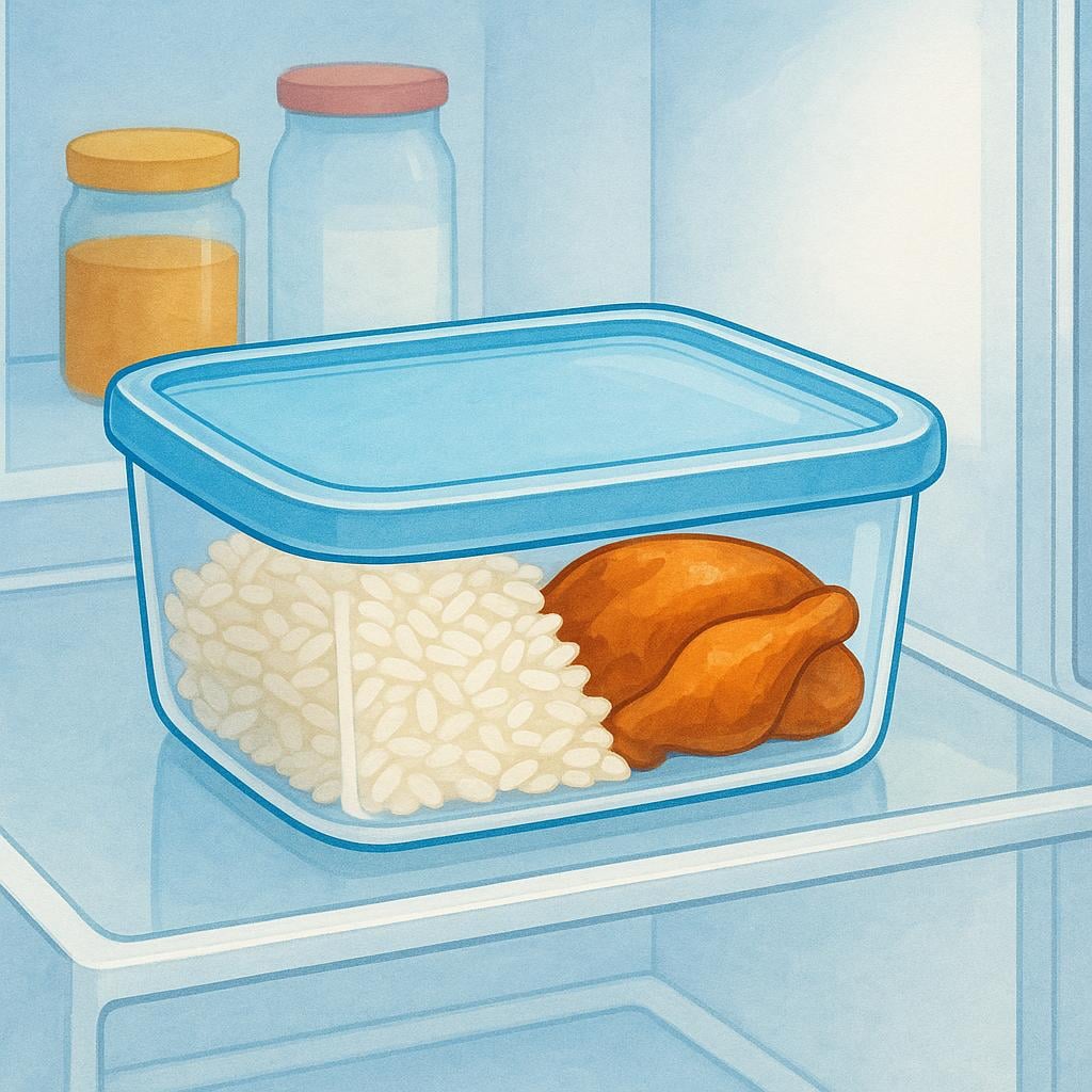 A clear, rectangular plastic container filled with saved dinner food, such as rice and chicken, sitting inside an open refrigerator.