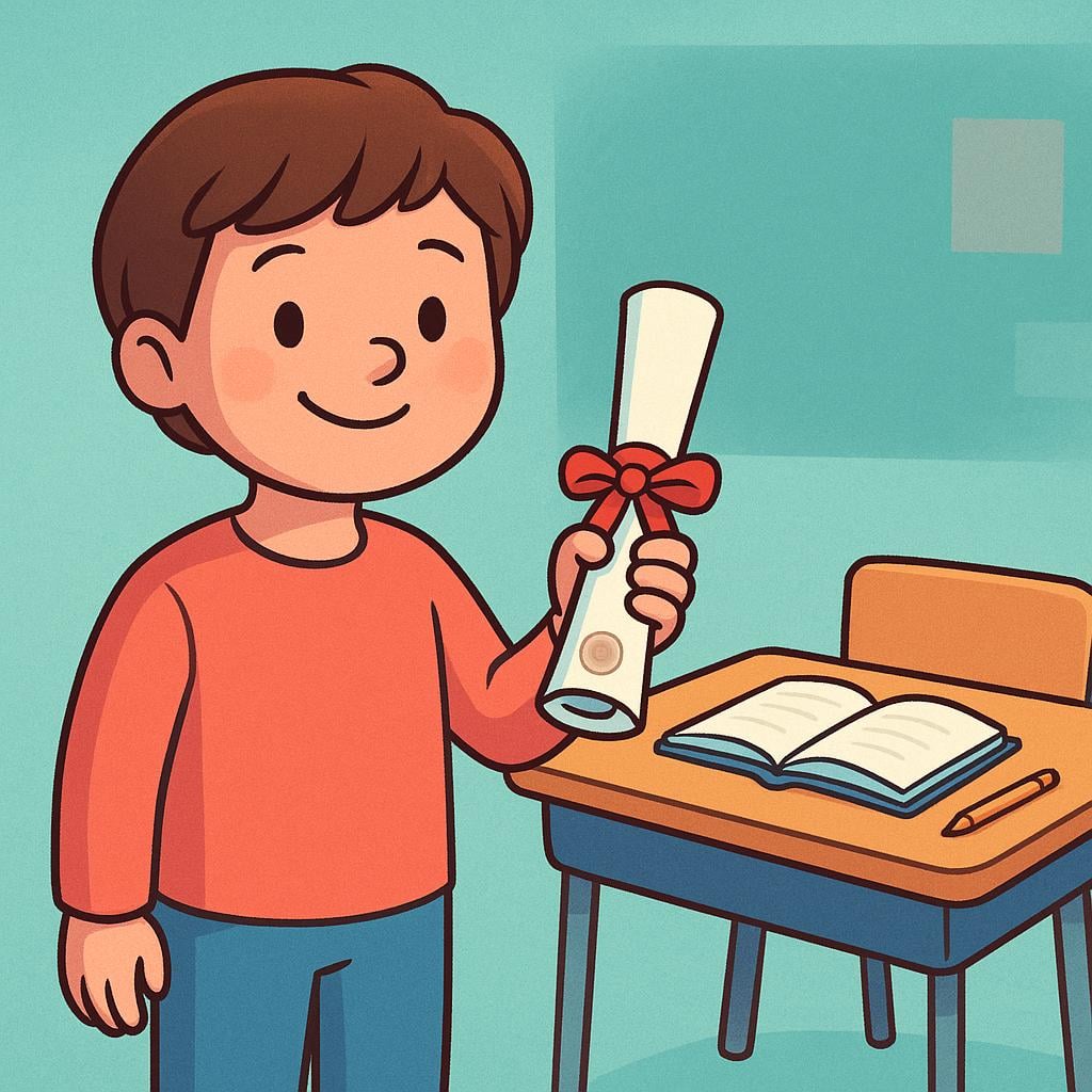 A joyful student character holding a rolled-up certificate or diploma next to a wooden school desk, symbolizing successful registration.