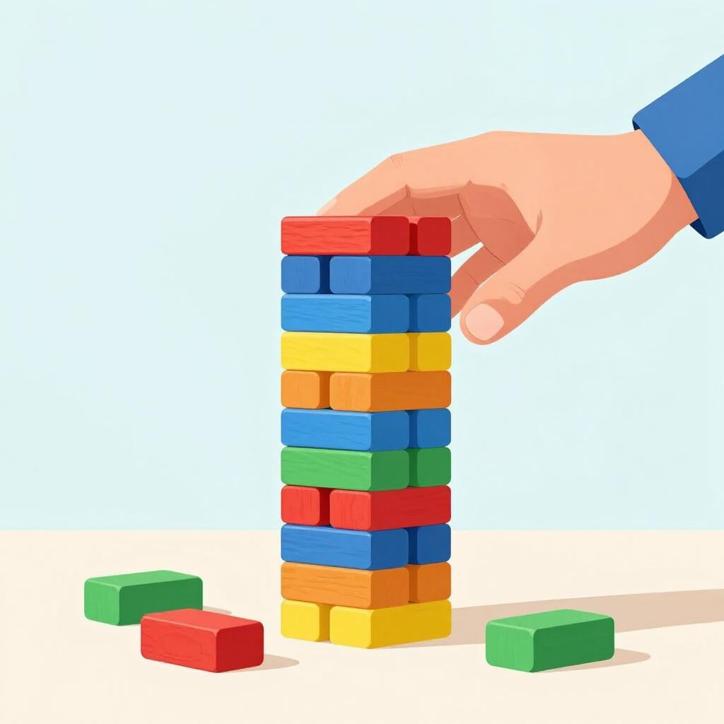 A hand knocking over a tall tower of wooden building blocks.