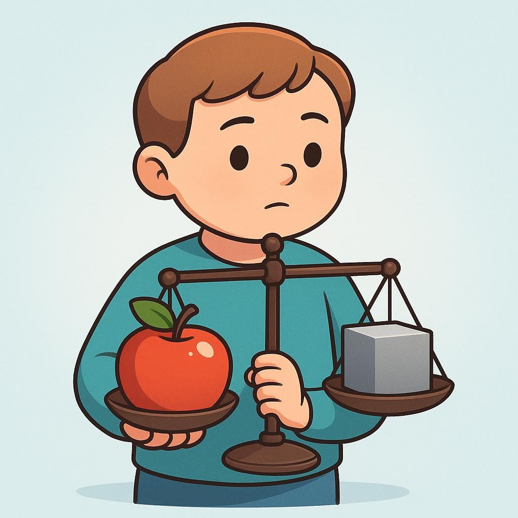 A friendly, cartoon-style character conducting an assessment, carefully weighing a large, shiny red apple on a simple balance scale against a standard block.