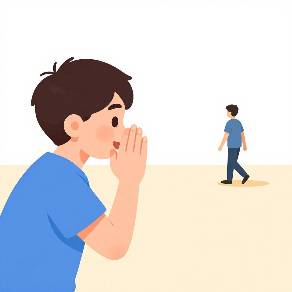 A person whispering a secret to a third party while pointing at a friend who is walking away.