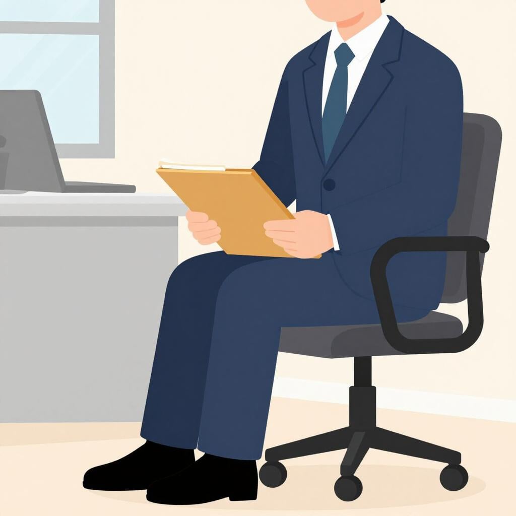 A person in a professional suit holding a folder and sitting in a waiting room chair.