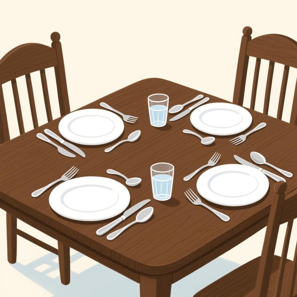 A wooden dining table perfectly set for dinner with plates, silverware, and glasses, indicating it is ready for use.