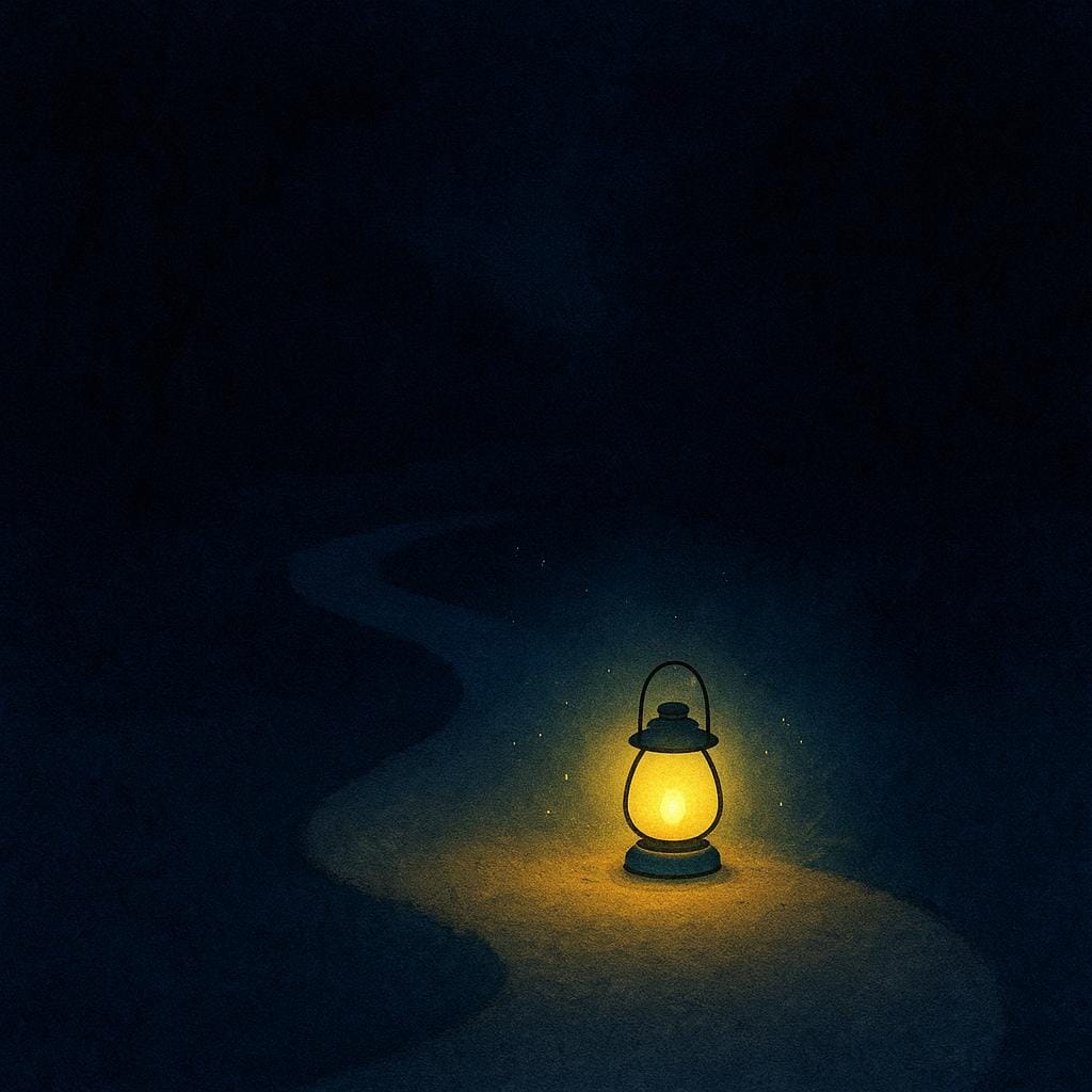 Un'illustrazione da libro di fiabe che mostra un sentiero debolmente illuminato di notte, enfatizzando l'oscurità profonda che circonda una piccola lanterna luminosa.