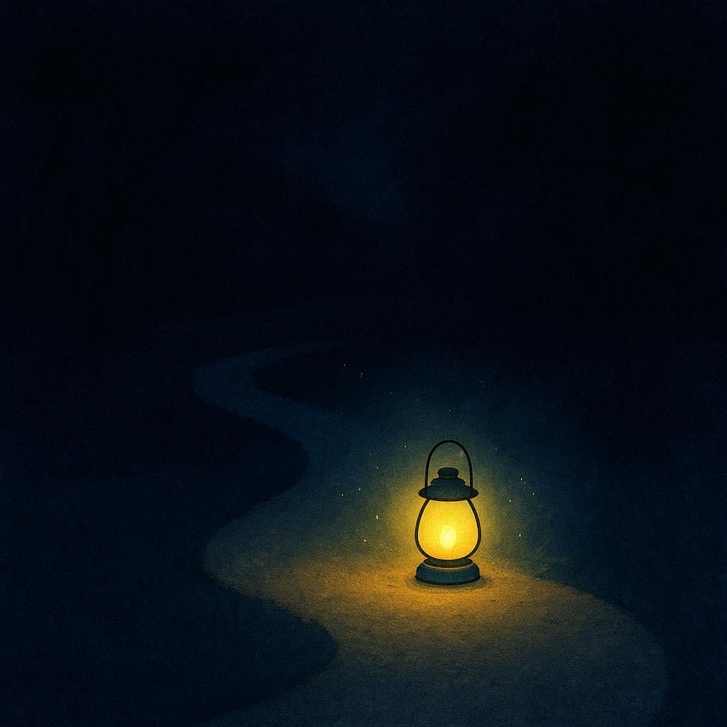 A storybook illustration showing a dimly lit path at night, emphasizing the deep darkness surrounding a small, glowing lantern.