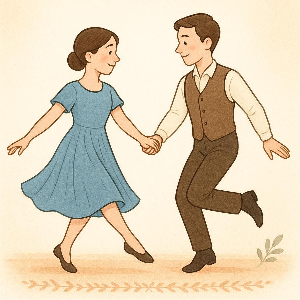 A storybook illustration of a man and woman performing a traditional, graceful couple's dance.