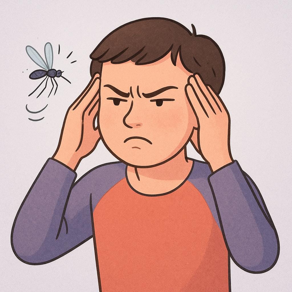 A cartoon character with a visibly frustrated and annoyed expression, rubbing their temples while a small, persistent mosquito buzzes near their ear.