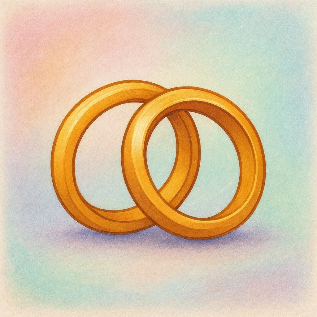 Twee eenvoudige, dikke gouden trouwringen in elkaar grijpend in het midden, wat de staat en instelling van het huwelijk symboliseert.