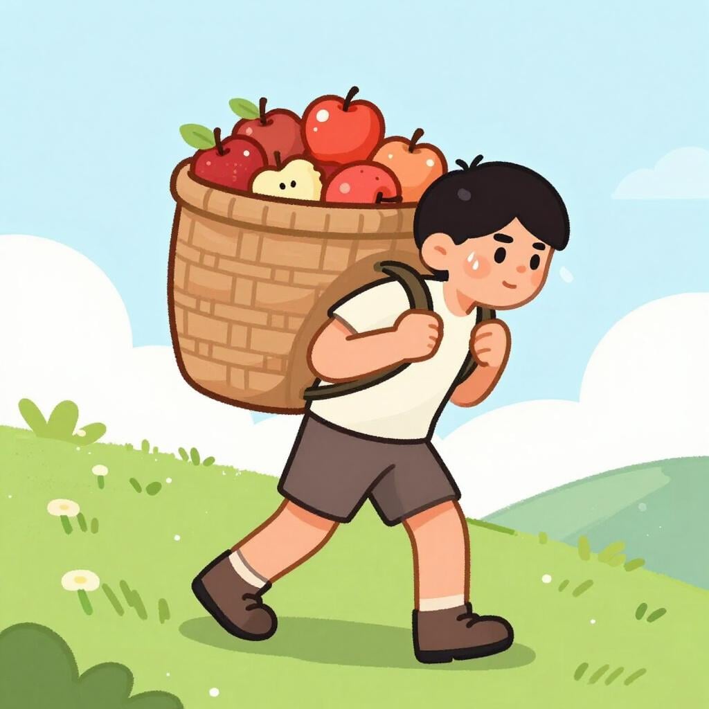 Eine Person, die entschlossen einen steilen Hügel erklimmt und dabei einen schweren Korb mit Erntegut trägt.