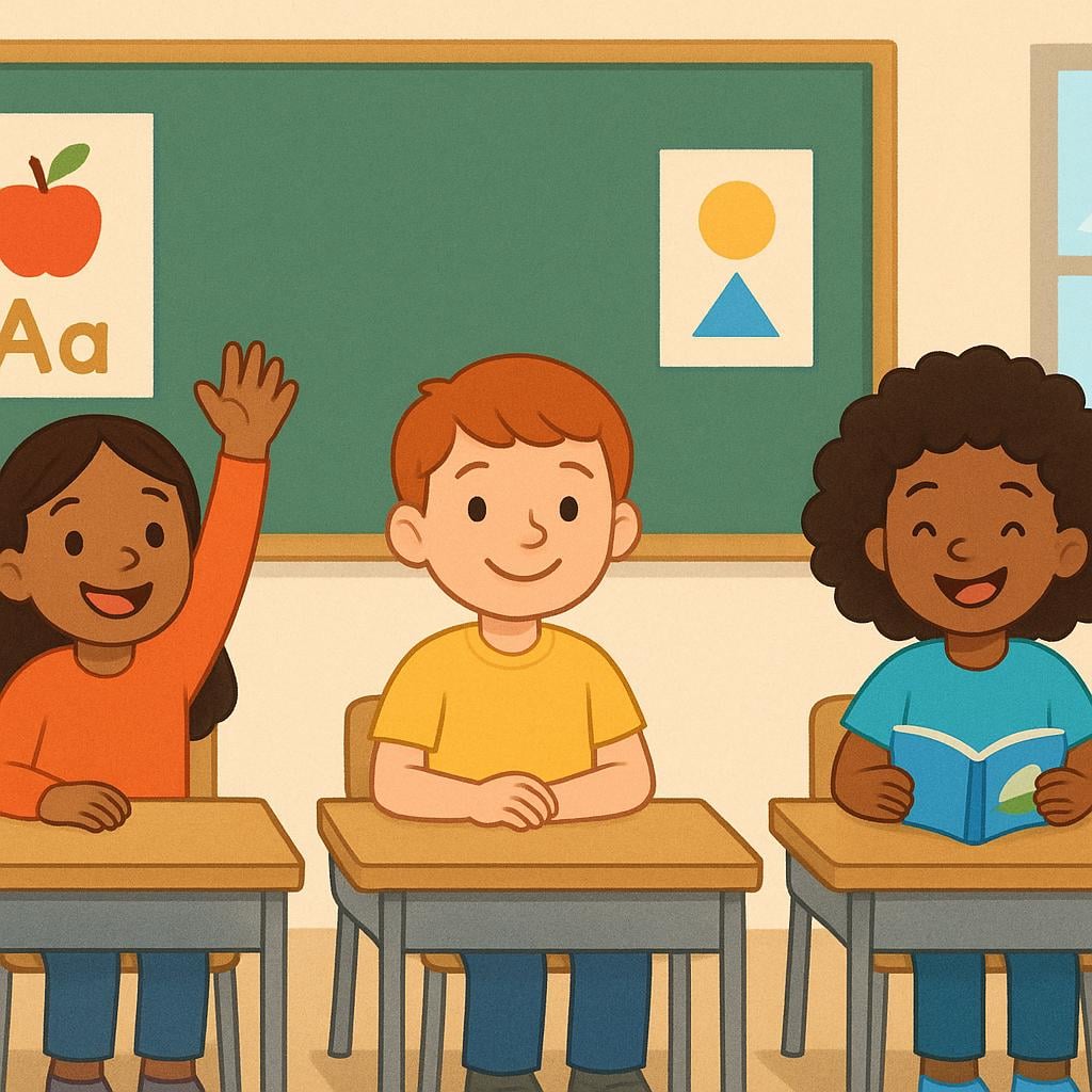 A storybook illustration of a classroom row with five desks. Three desks have children sitting at them, and two desks are empty, showing that some students are absent.