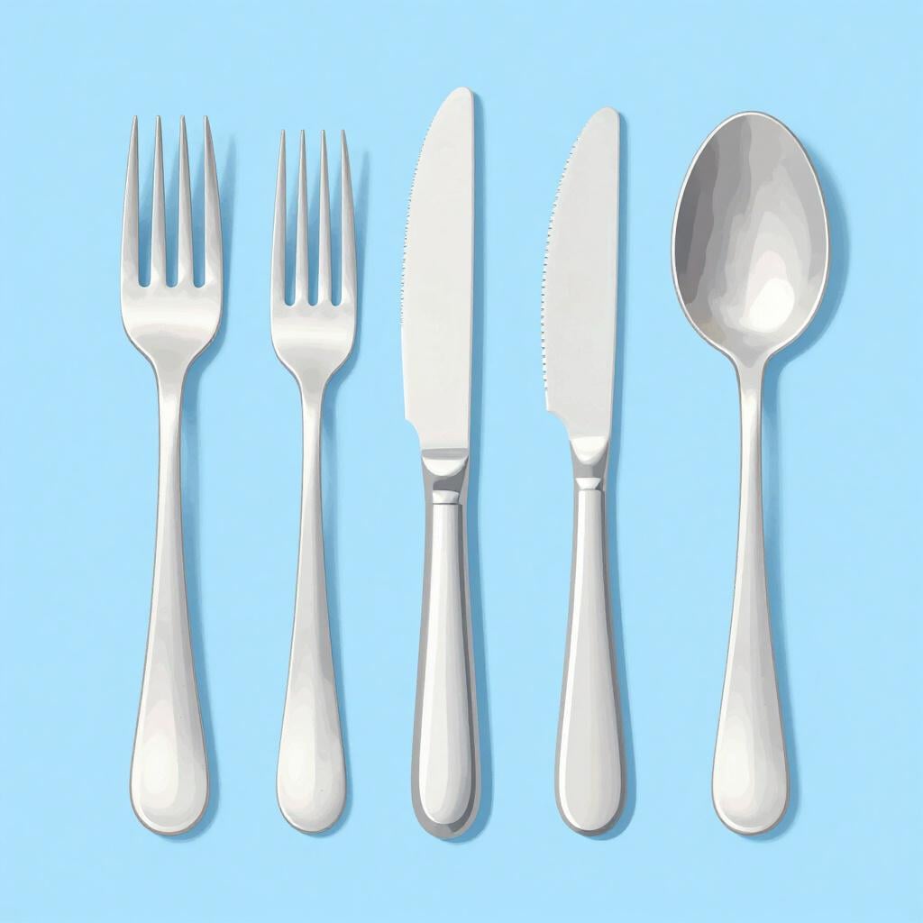 A silver fork, knife, and spoon laid neatly side-by-side on a plain surface.