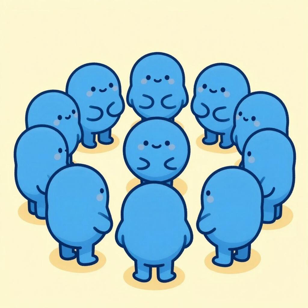 Eine Gruppe glücklicher blauer Kreise, die zusammenstehen, und ein neuer blauer Kreis schließt sich der Gruppe an und wird willkommen geheißen.