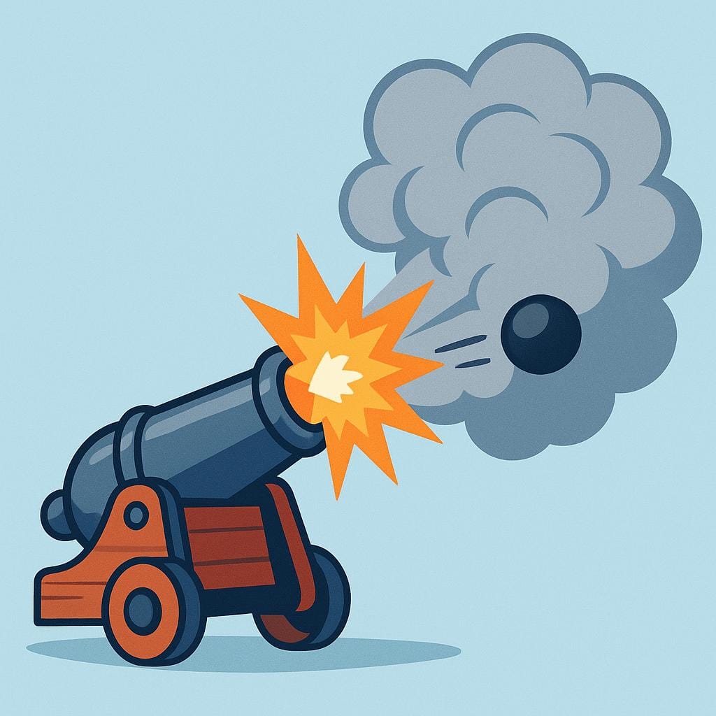 A cartoon illustration of an old black cannon firing a projectile. A large puff of gray smoke and a bright orange muzzle flash erupt from the barrel.