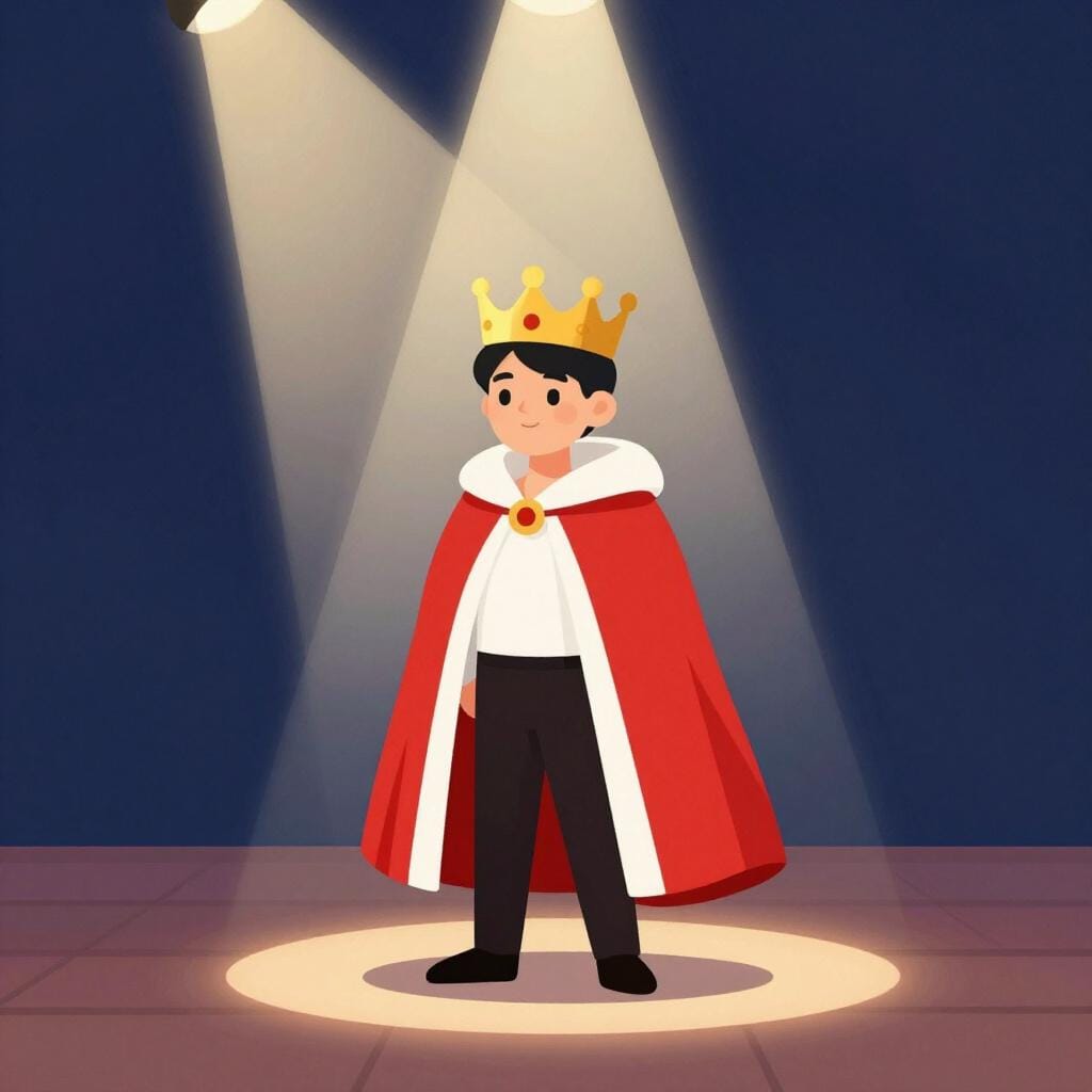 A colorful storybook illustration of a person wearing a theatrical crown and a velvet cape, standing on a stage.
