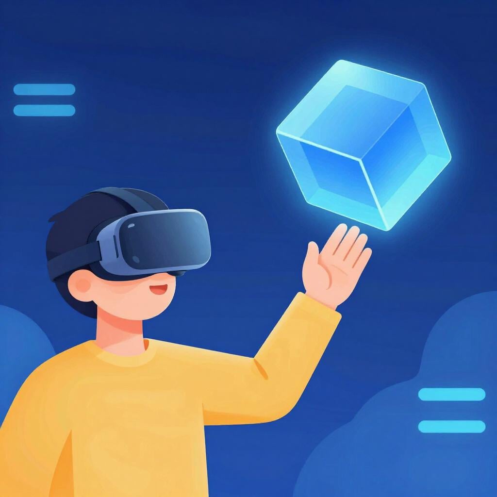 A person wearing a headset with glowing blue light, interacting with a floating holographic cube in a colorful digital space.