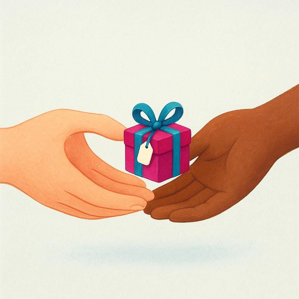 Two hands gently exchanging a small, brightly wrapped present box tied with a ribbon.