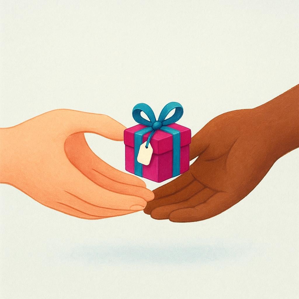 Two hands gently exchanging a small, brightly wrapped present box tied with a ribbon.
