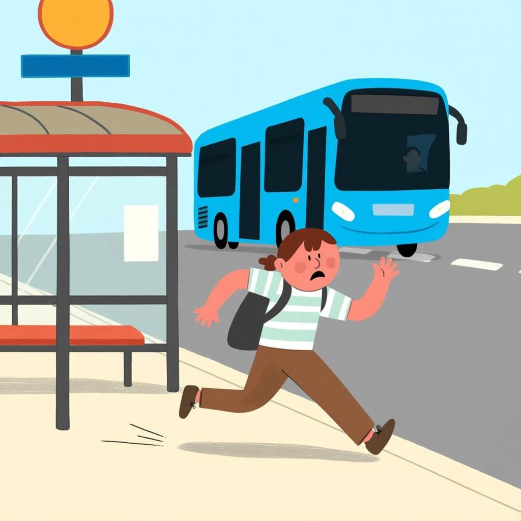 A person running quickly toward the edge of the frame, watching a large blue bus drive away from the bus stop, looking disappointed because they missed it.