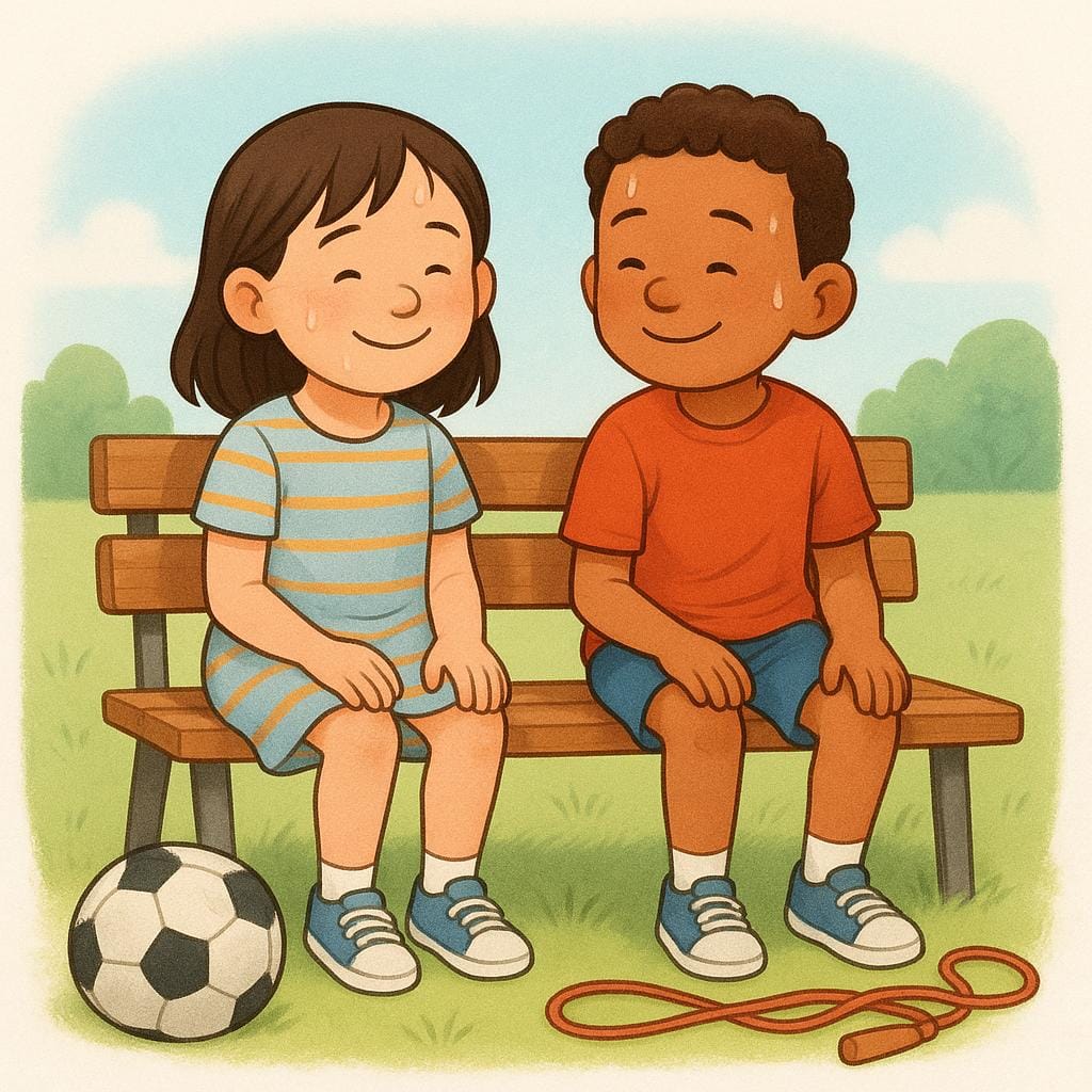 Two children are sitting side-by-side on a park bench, looking tired but happy, next to a deflated soccer ball, symbolizing the completion of their activity.