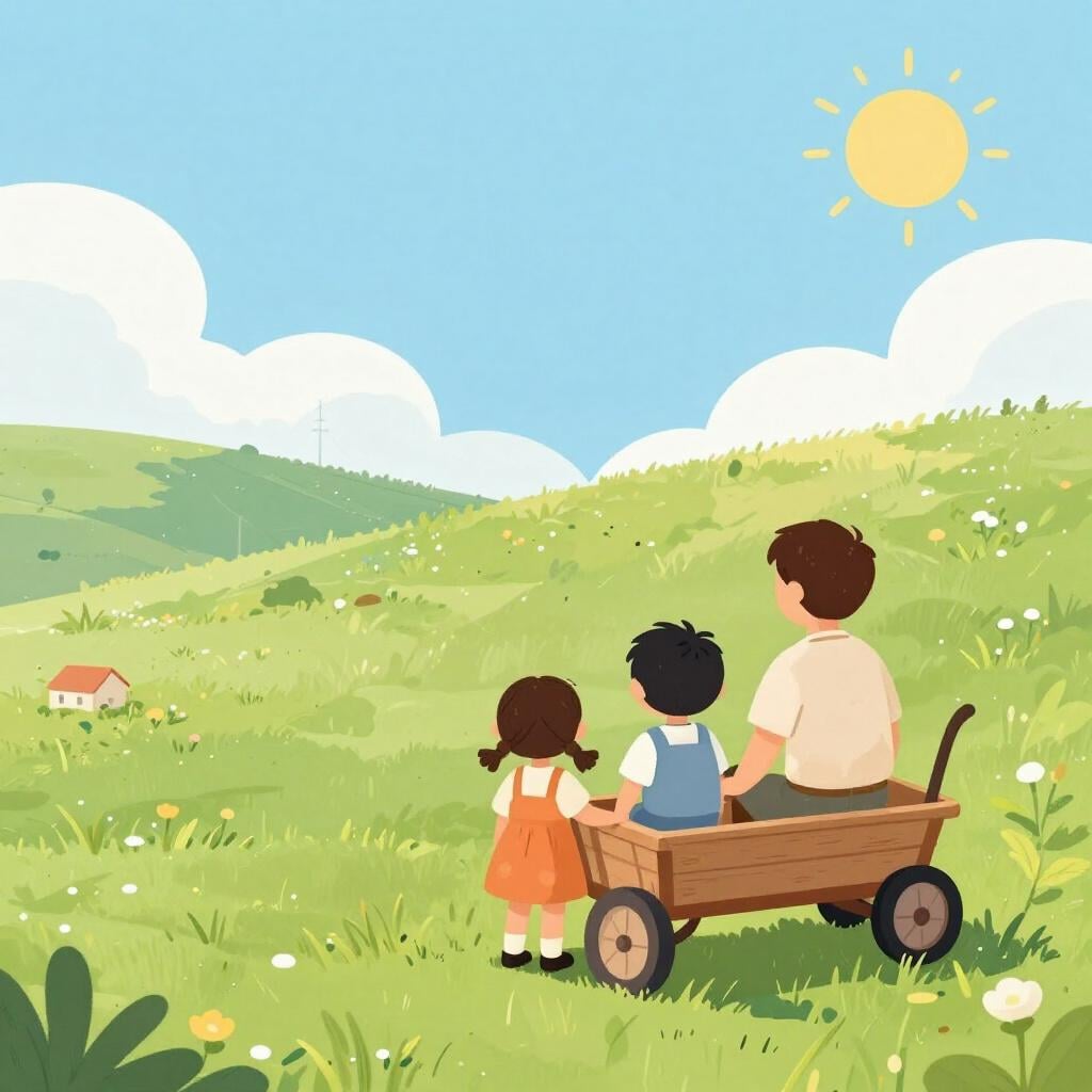 A family unloading supplies from a wooden wagon in a vast open prairie to build a new home.