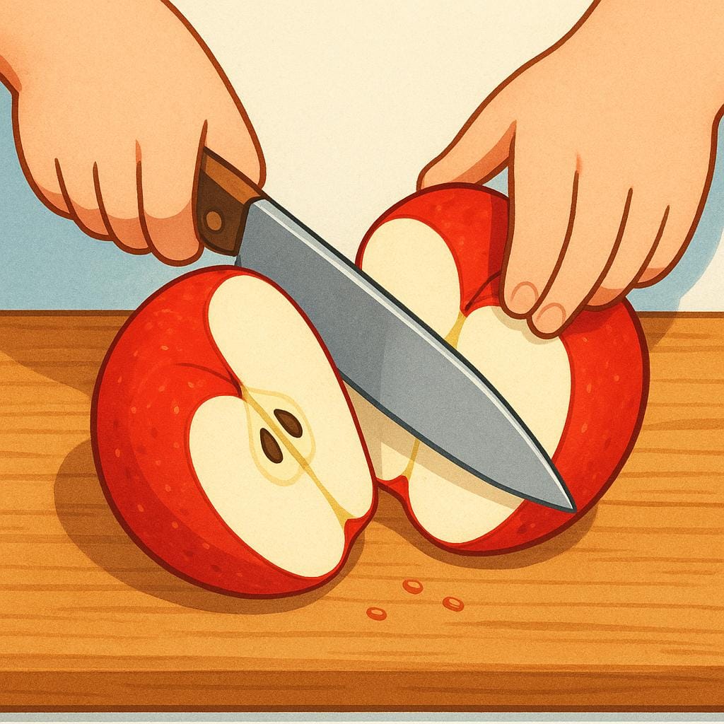 A pair of hands holding a knife, actively cutting a large red apple into two equal halves on a cutting board.