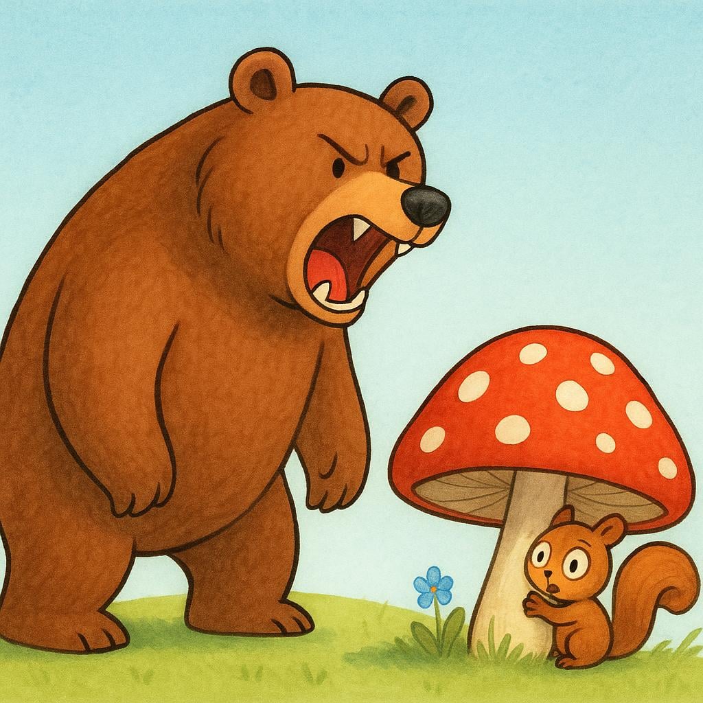 A large brown bear stands up roaring angrily at a small, frightened squirrel hiding behind a red mushroom.