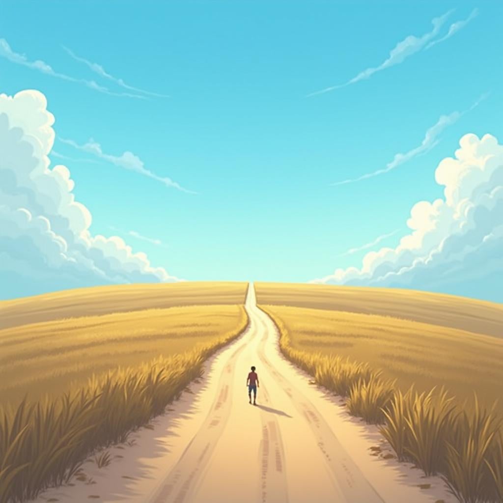 A solitary traveler walking purposefully down a straight, clear dirt road toward the distant horizon.