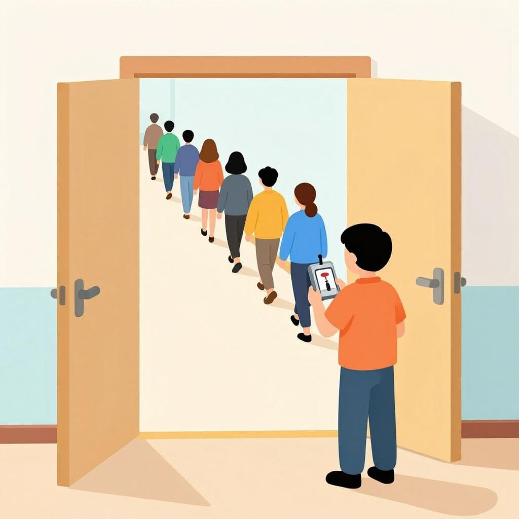 사람들이 극장 홀로 들어가는 것을 세고 있는 그림.