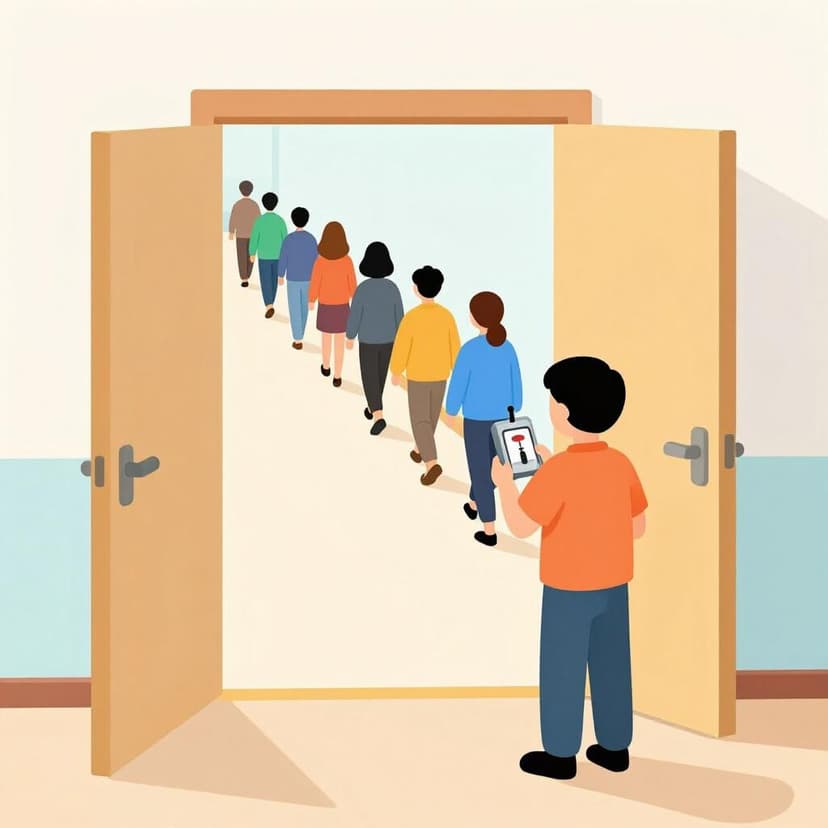 Eine bunte Illustration einer Person, die Leute zählt, die eine Theaterhalle betreten.