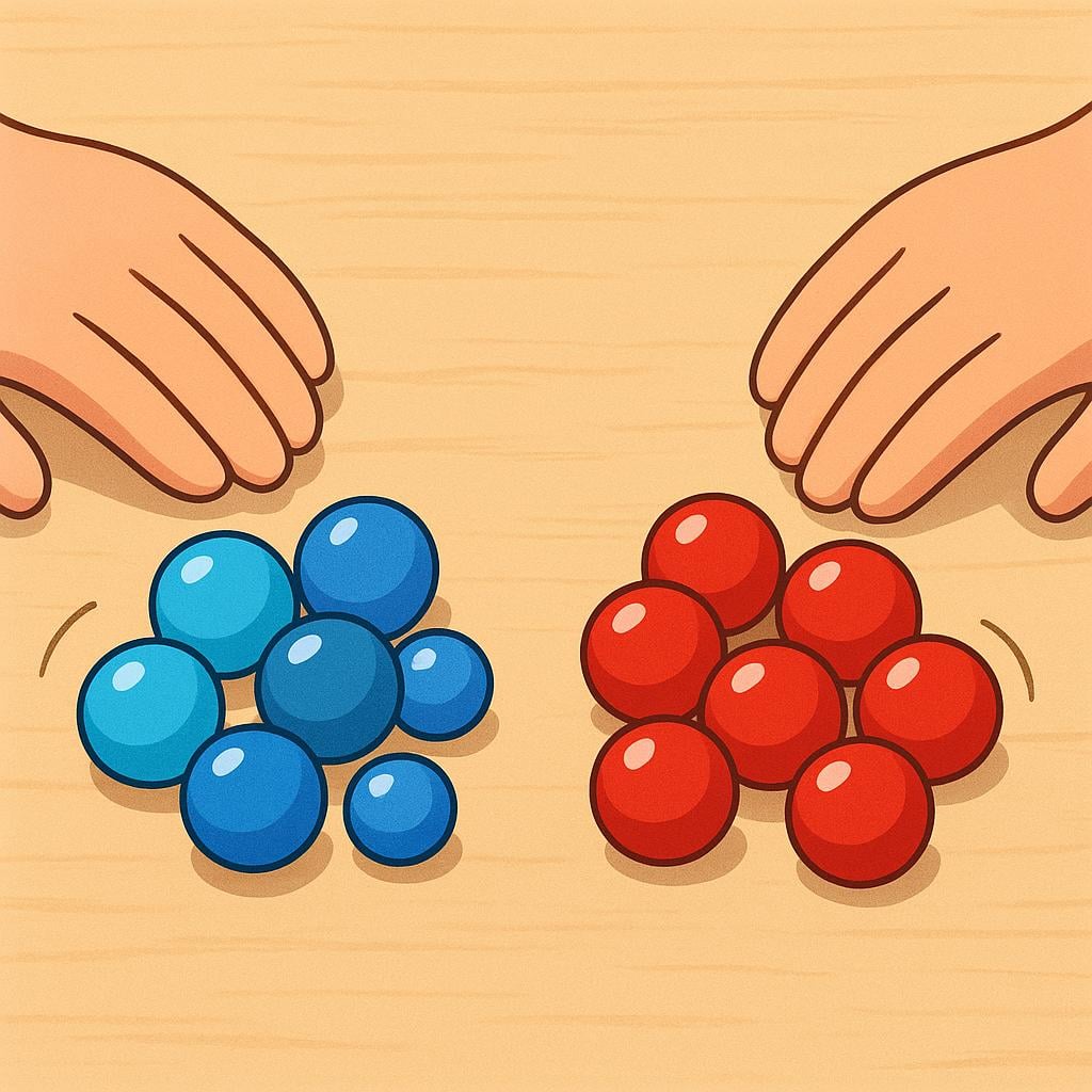 A pair of hands gently moving two different groups of colorful marbles away from each other on a wooden surface.