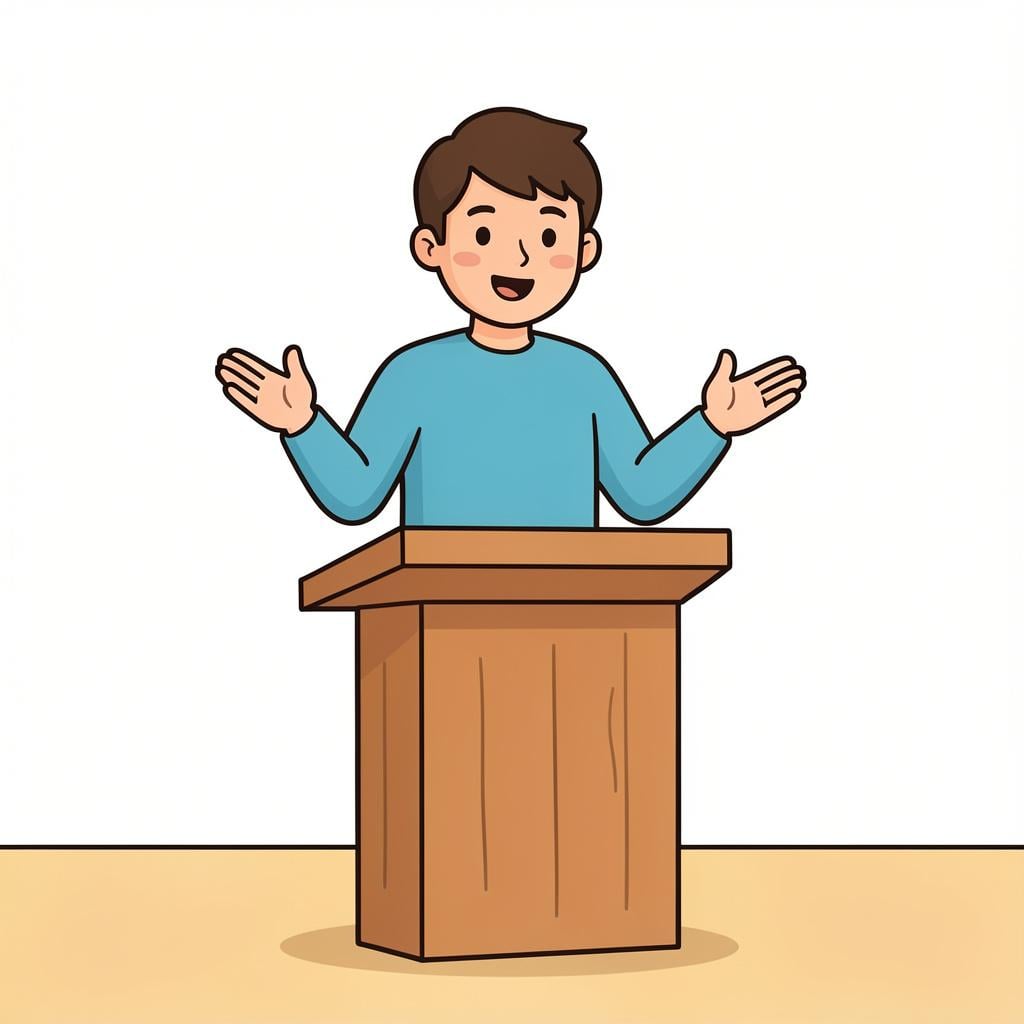 A person standing at a wooden podium with a glass of water, gesturing with their hands as if speaking.