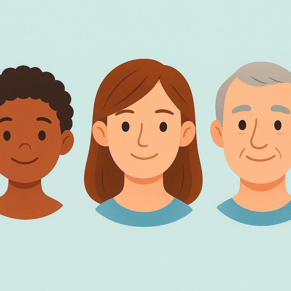 A simple drawing of three distinct human heads, clearly separated, emphasizing them as body parts.