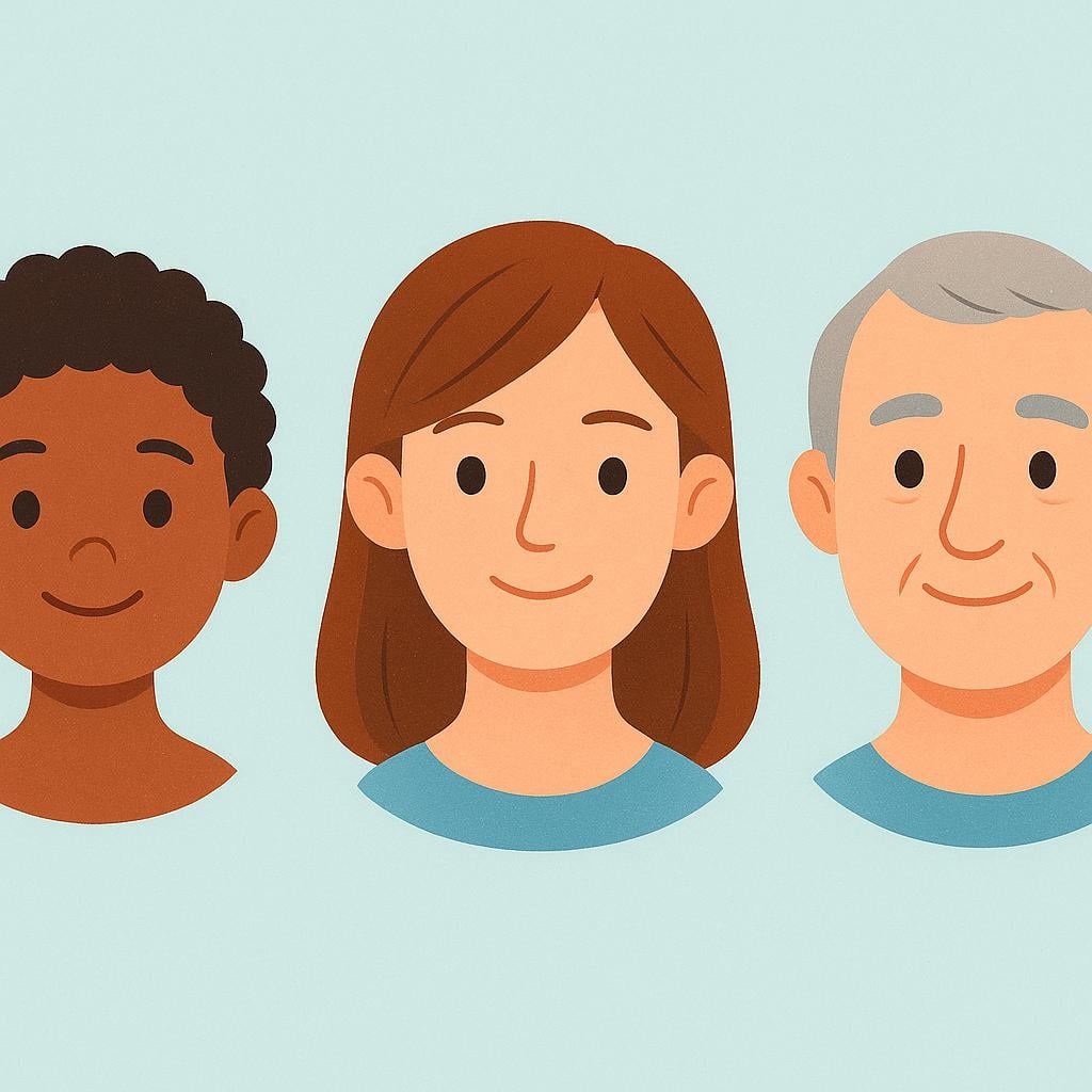 A simple drawing of three distinct human heads, clearly separated, emphasizing them as body parts.