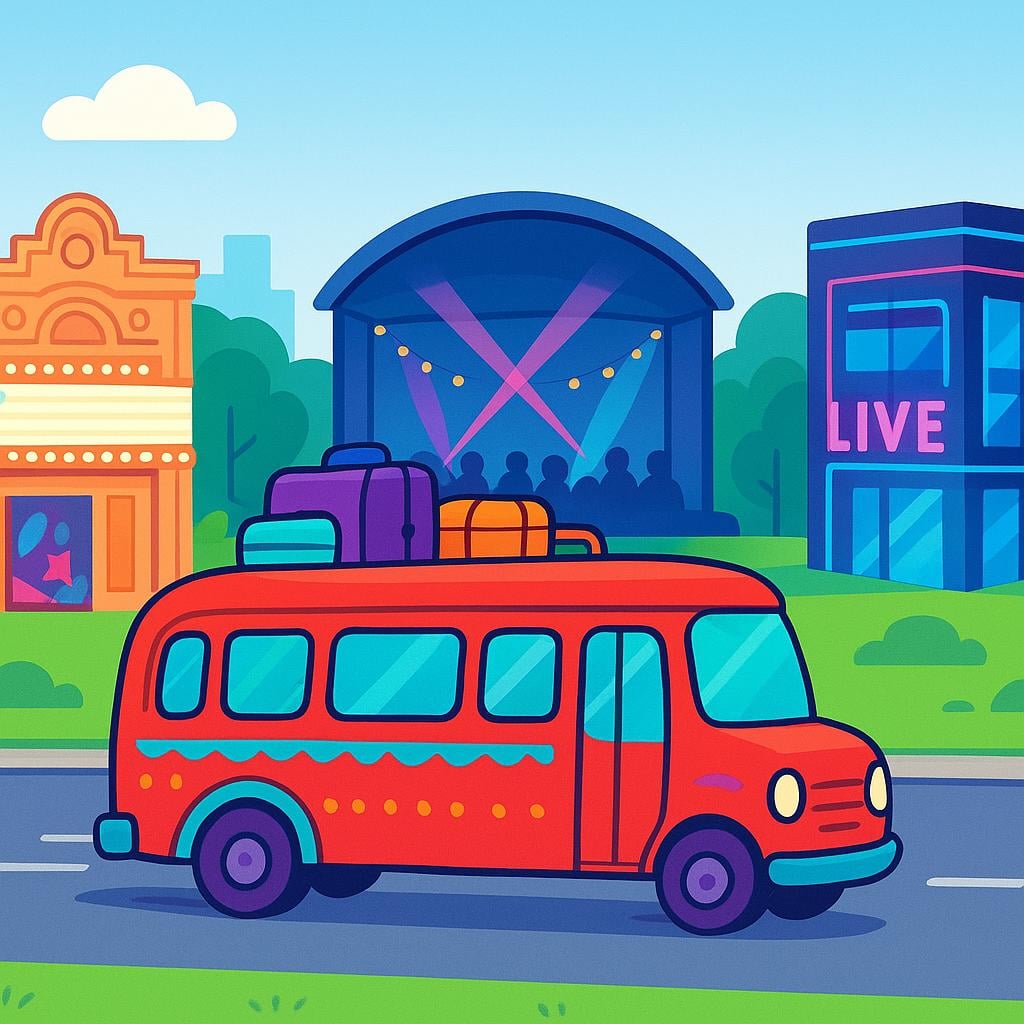 A vibrant tour bus traveling past multiple concert halls, representing a musical tour.