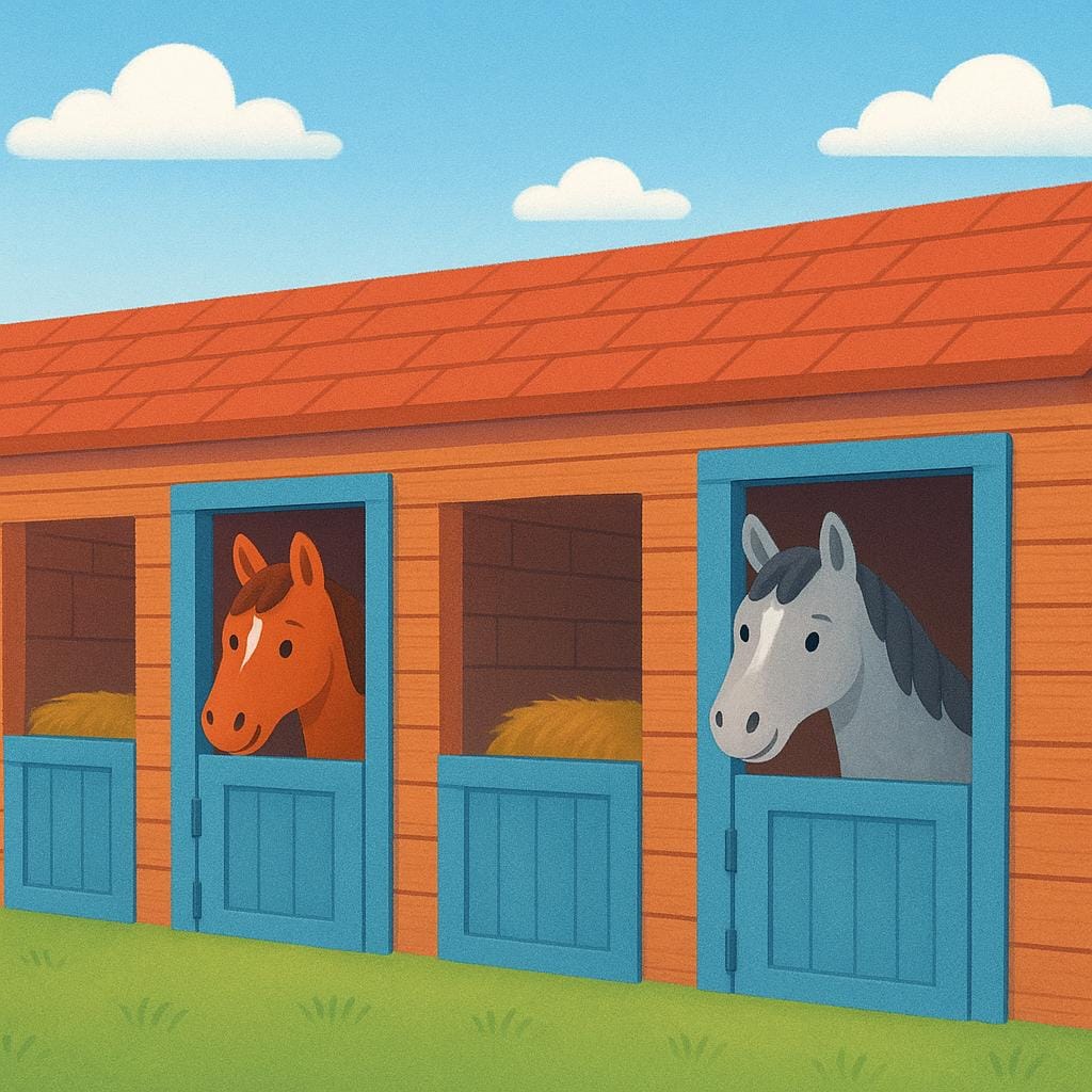 A rustic wooden stable building with open stall doors, showing two horses inside.