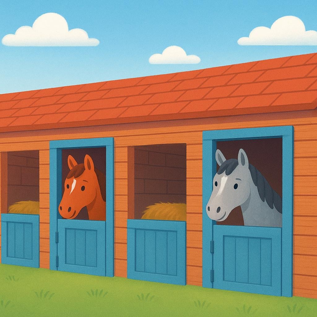 A rustic wooden stable building with open stall doors, showing two horses inside.
