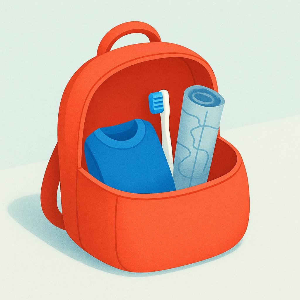 Uma pequena mochila aberta contendo apenas três itens essenciais: uma camisa, uma escova de dentes e um mapa, representando o mínimo exigido para uma viagem.