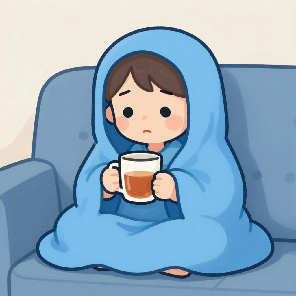 A pale, tired-looking child sitting on a sofa wrapped in a thick blanket, drinking tea.