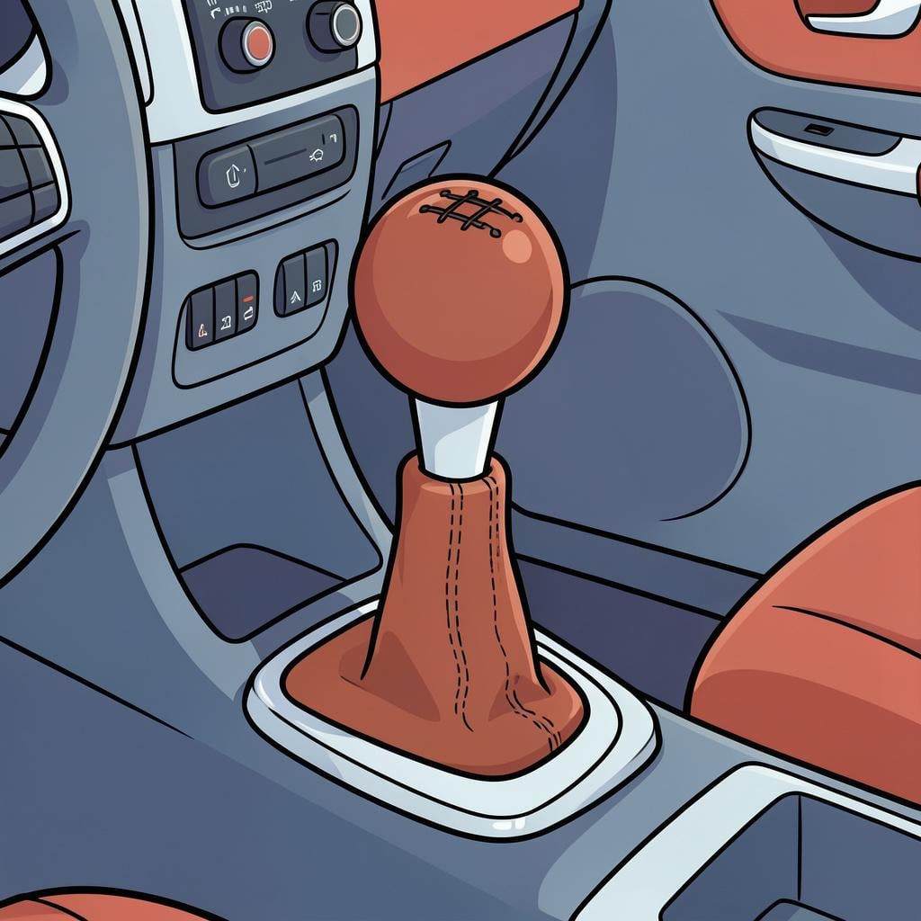 A close up of a gear shift lever inside a car with a leather base.