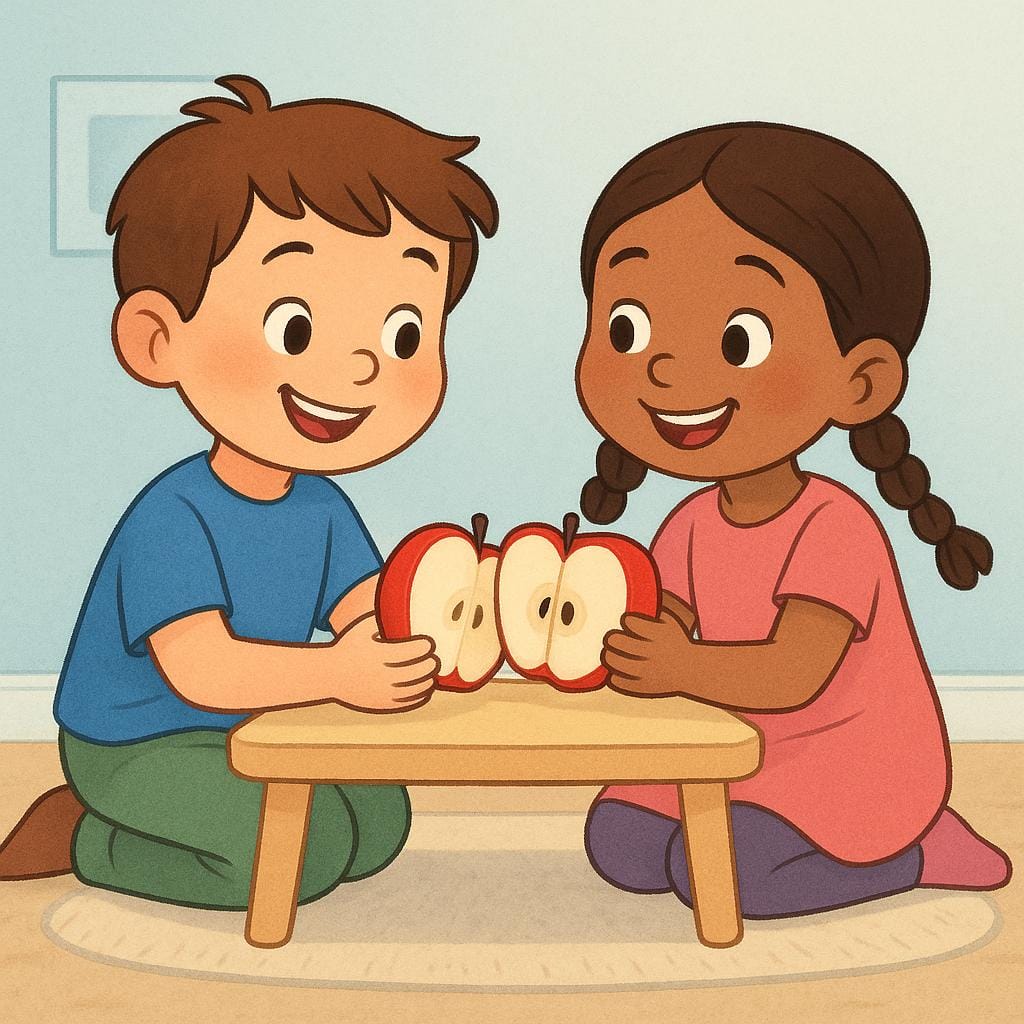 Two friendly children sitting at a small table, happily dividing a brightly colored apple between them.