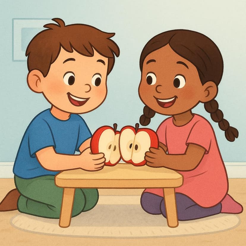 Two friendly children sitting at a small table, happily dividing a brightly colored apple between them.