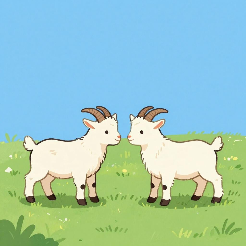 Two cartoon goats with their horns locked together in a playful struggle on a grassy hill.