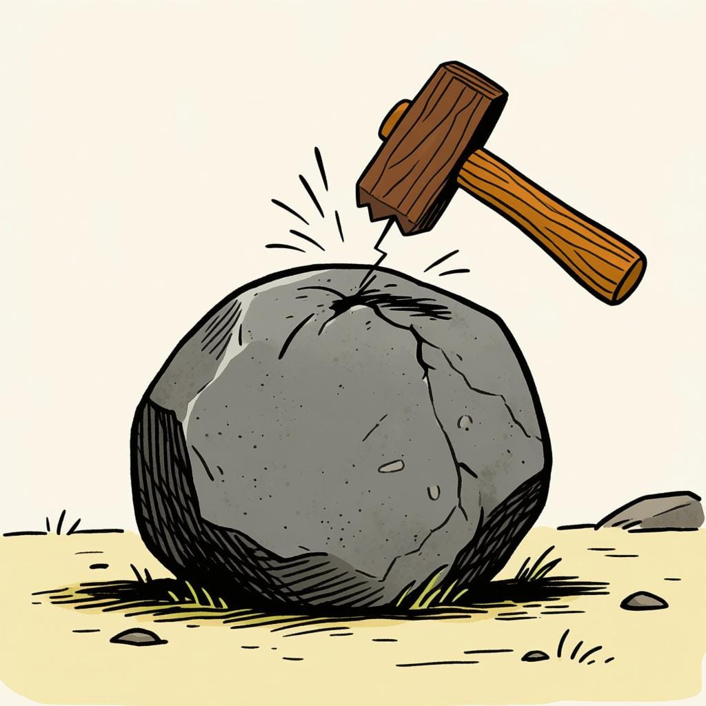 A cartoon hammer bouncing harmlessly off a large, perfectly smooth gray stone, illustrating physical hardness.