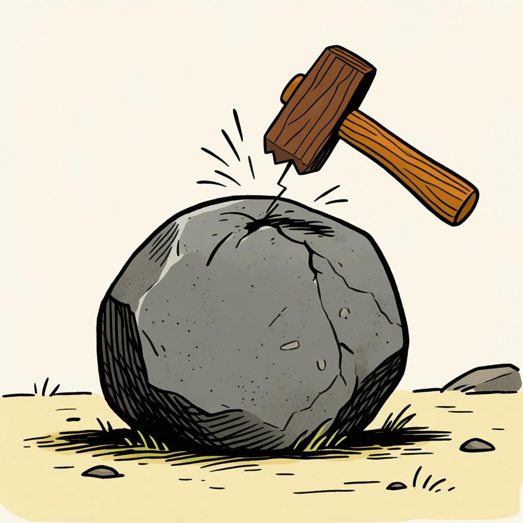A cartoon hammer bouncing harmlessly off a large, perfectly smooth gray stone, illustrating physical hardness.