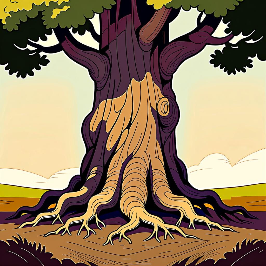 A massive, sturdy oak tree with deep, visible roots anchoring it firmly in rich brown soil under a bright, clear sky.