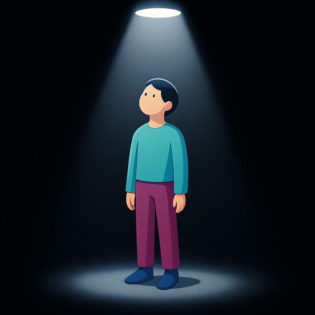 A lone person standing against a dark background, harshly illuminated by a focused overhead spotlight, symbolizing being singled out or accused.