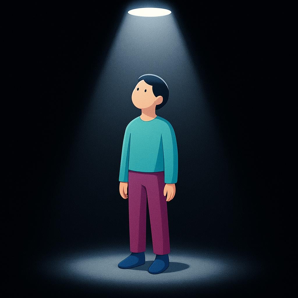 A lone person standing against a dark background, harshly illuminated by a focused overhead spotlight, symbolizing being singled out or accused.