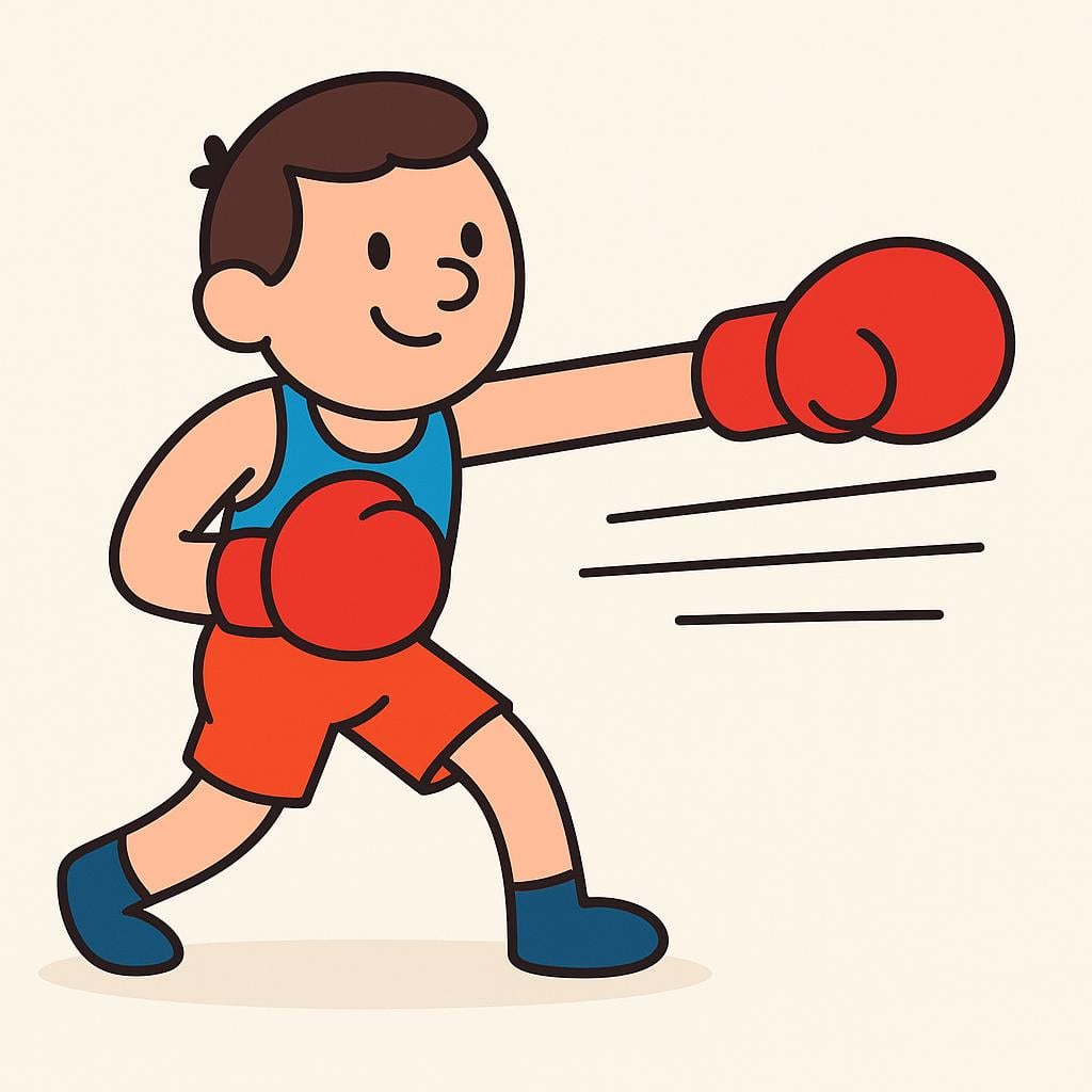 A cartoon boxer wearing red gloves throwing a swift, straight punch directly forward (a jab), emphasized by straight motion lines.